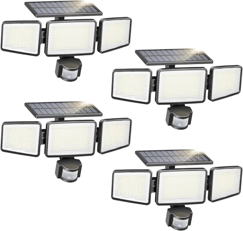 Philips Solar Security Light Outdoor 302 LED 1200lm，Solar-Powered Waterproof Wall-Mounted Flood Light w/PIR Motion Sensor, 3 Heads, IP65 Waterproof, 3 Modes (4 Packs) - Image 1